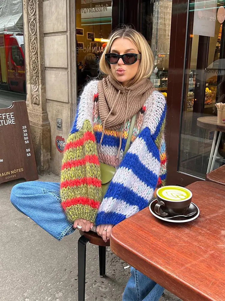 Women's colorful knit sweater vibrant hues soft breathable fabric trendy playful design