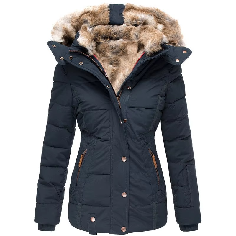Women's slim-fit wool-cotton padded hooded parka jacket, windproof luxury warmth for city style