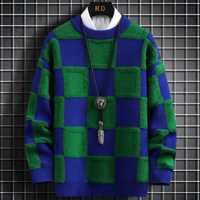 Retro checkerboard unisex knit sweater chunky thick texture cozy casual everyday wear bold pattern
