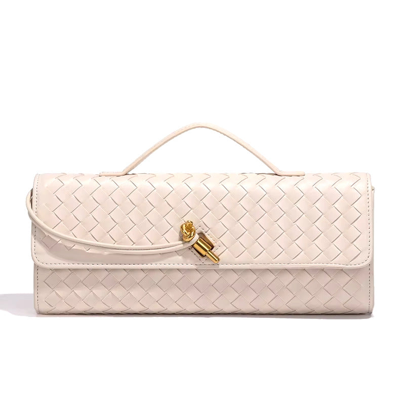 Women's woven clutch bag neutral tone structured rectangular silhouette metallic twist lock top handle