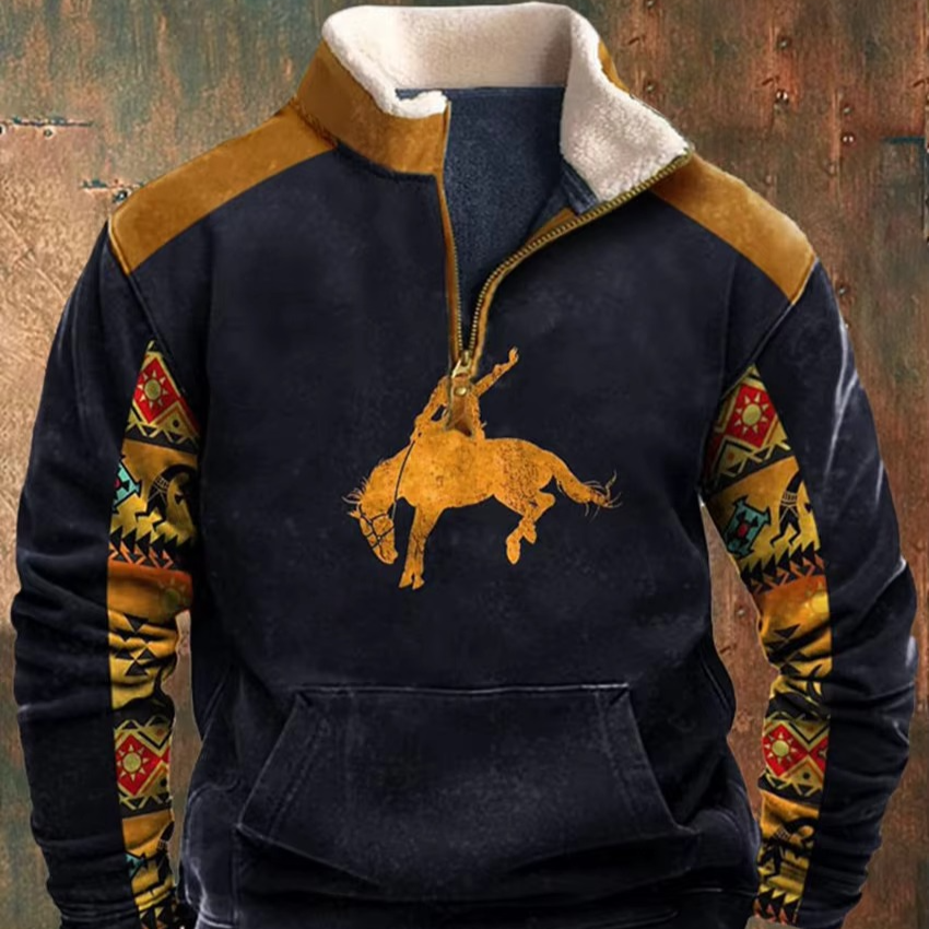 Men's retro 3D printed hooded jacket with faux leather collar, bold streetwear graphics, full-zip