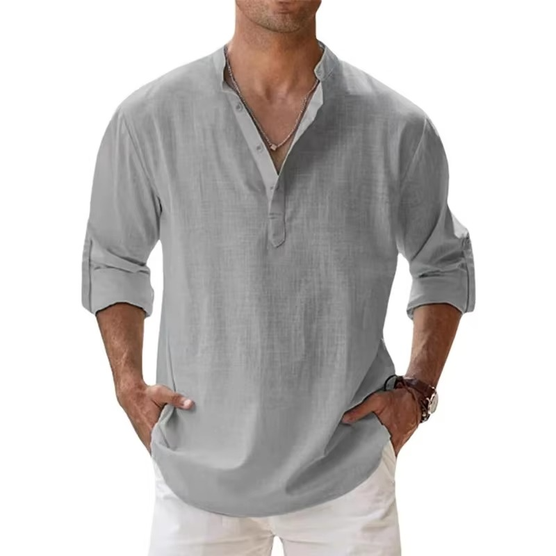 Men's beige cotton linen Henley shirt long sleeve lightweight summer beach essential three-button placket