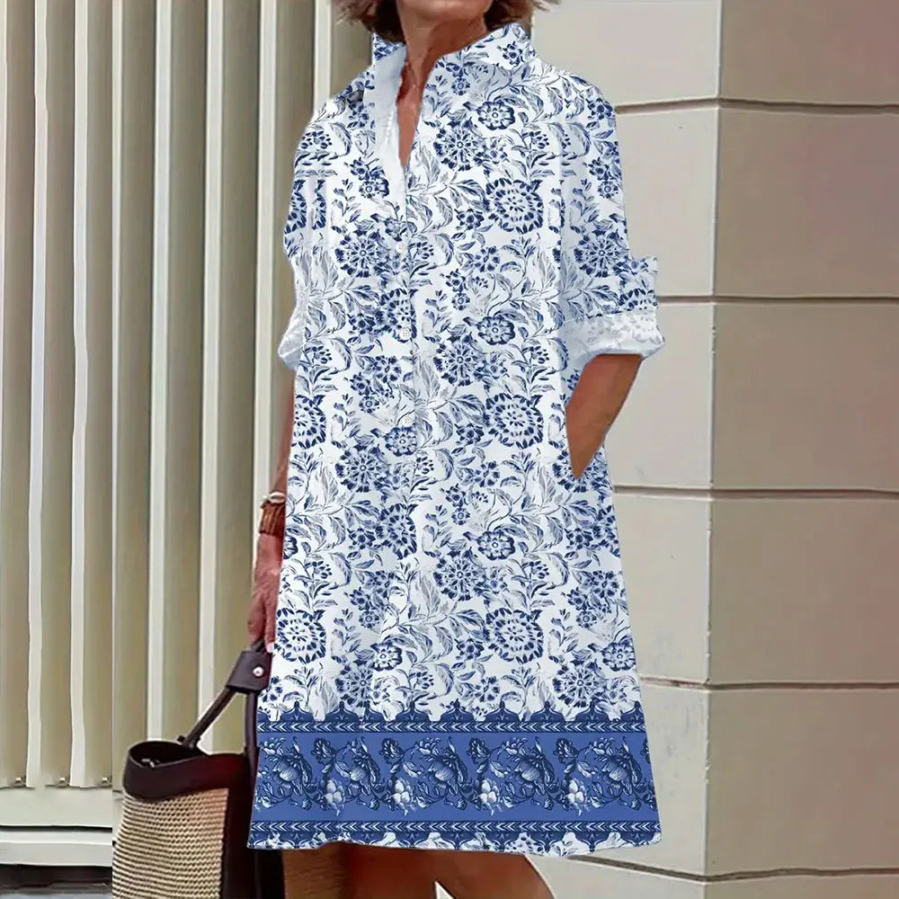 Women's navy A-line shirt dress button-front knee-length long sleeves elegant everyday wear