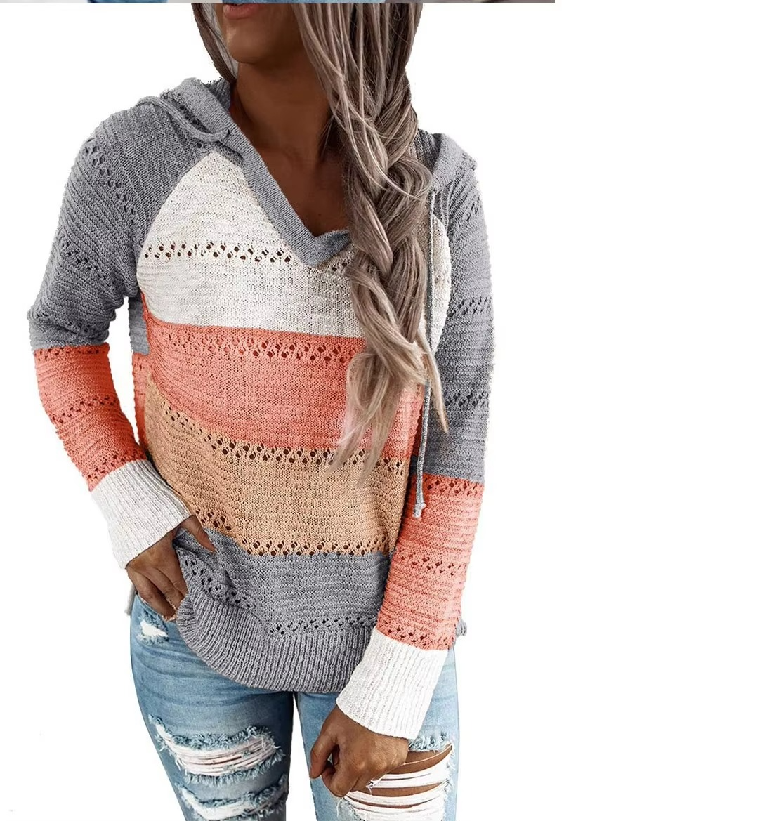 Women's cozy patchwork hooded sweater long sleeve striped knit pullover in multicolor casual fit