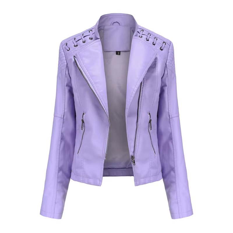 Women's black PU leather motorcycle jacket slim fit short cut with bold front zipper closure