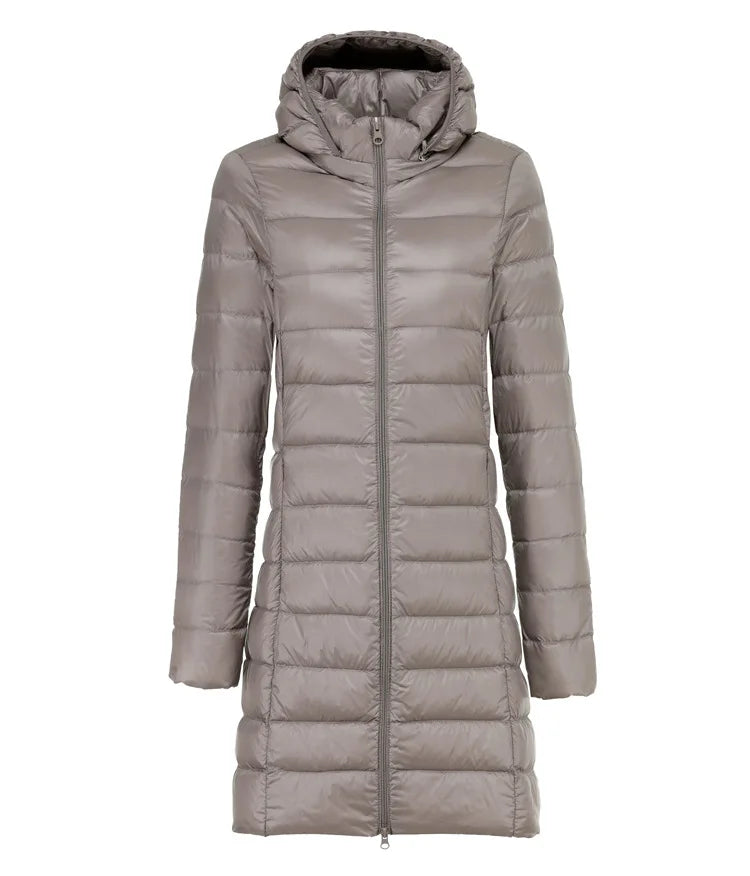 Long hooded puffer rain jacket lightweight waterproof quilted insulation streamlined silhouette all-weather