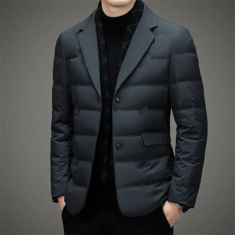 Men's quilted duck down slim fit suit jacket, lightweight insulated blazer-inspired winter layer