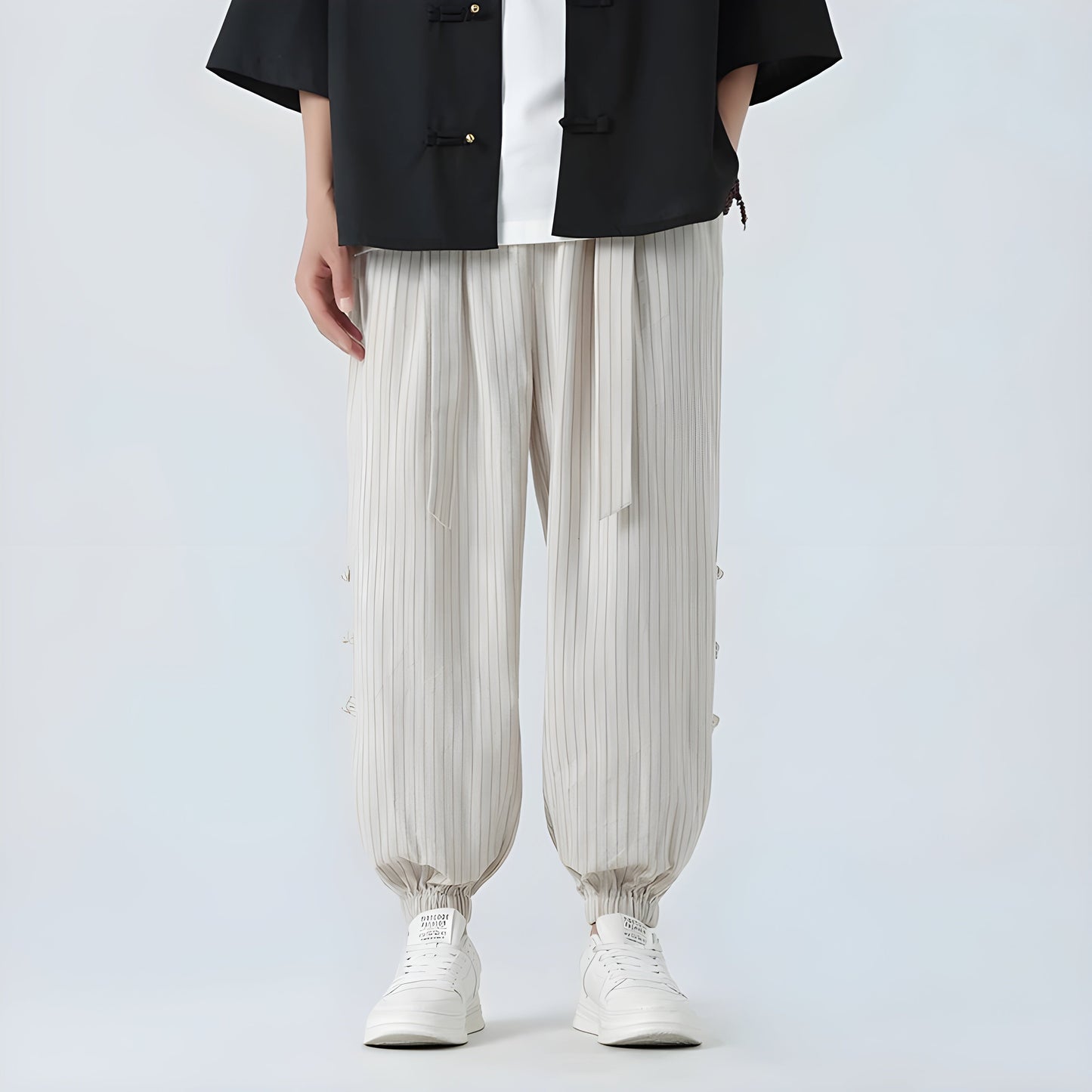 Women's striped linen-blend harem pants with pleats and traditional pankou knot buttons