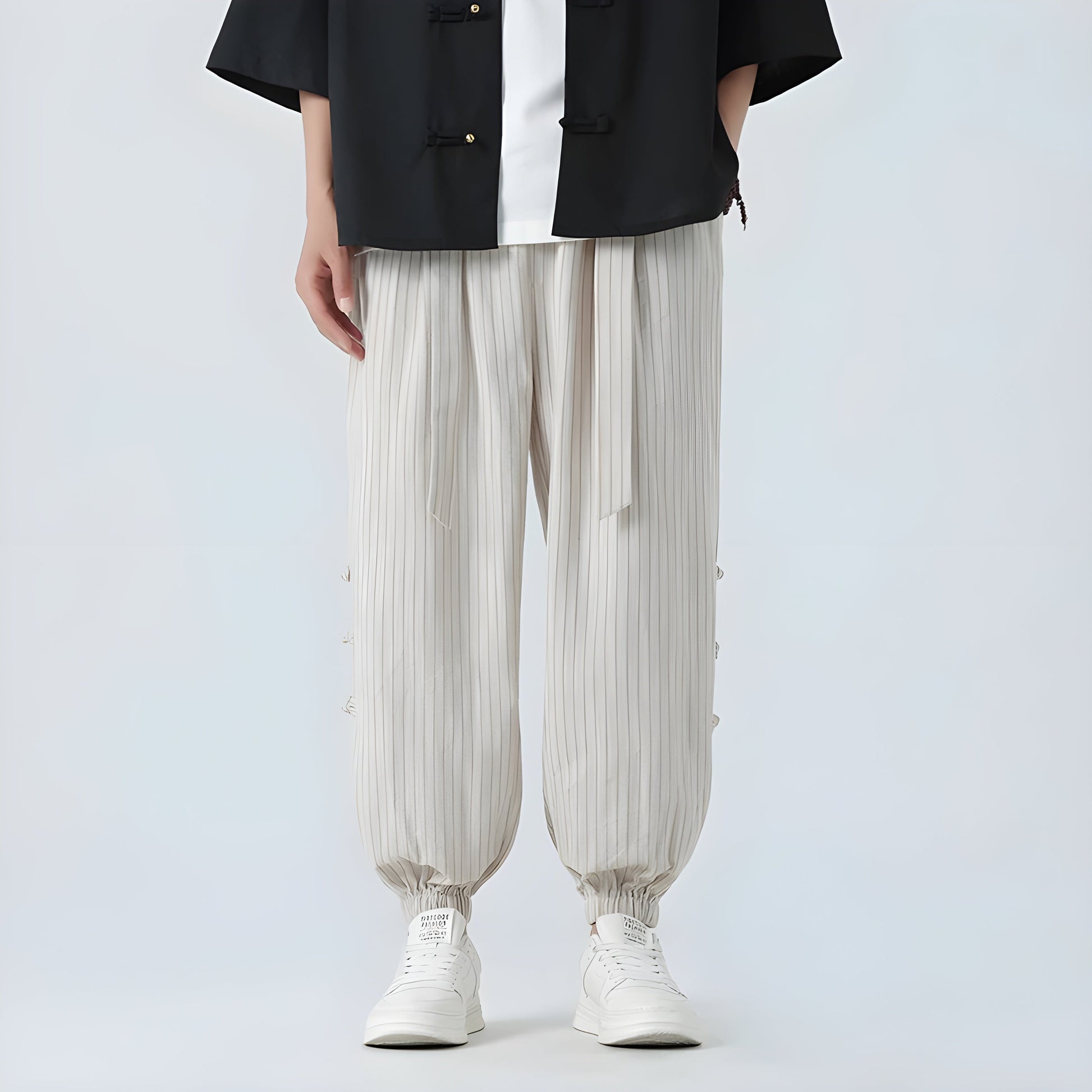 Women's striped linen-blend harem pants with pleats and traditional pankou knot buttons