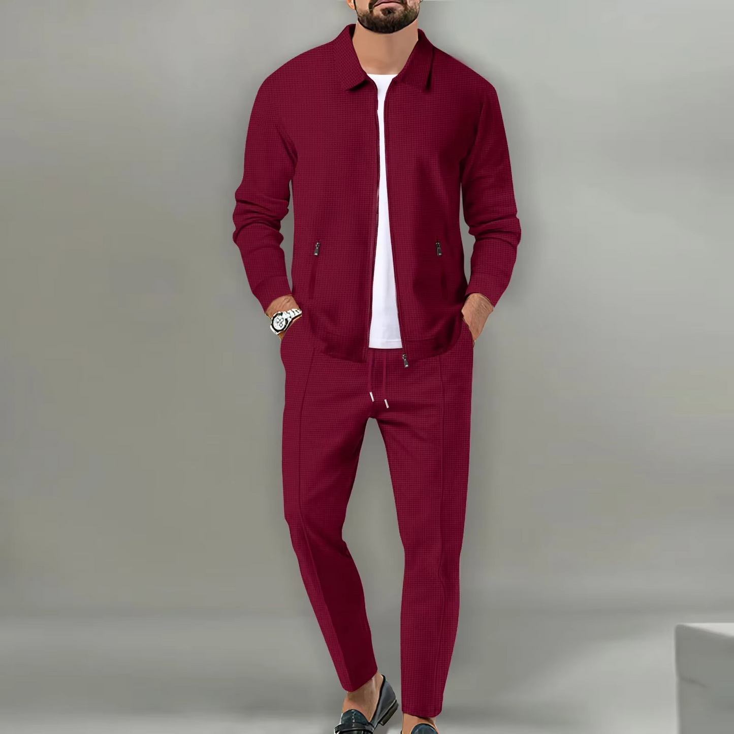 Men's two-piece polo jacket set with matching drawstring pants, long sleeve coordinated everyday outfit