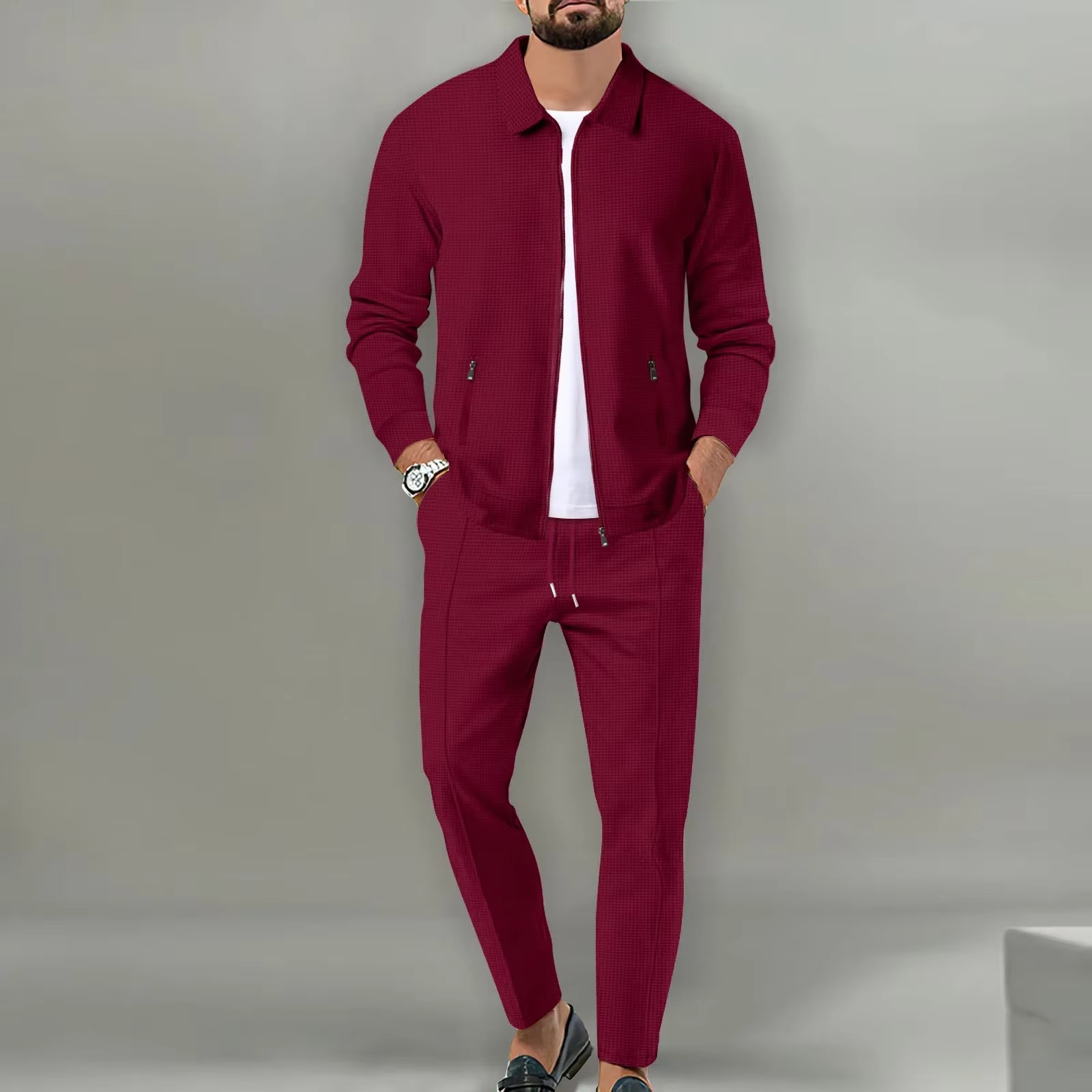 Men's two-piece polo jacket set with matching drawstring pants, long sleeve coordinated everyday outfit
