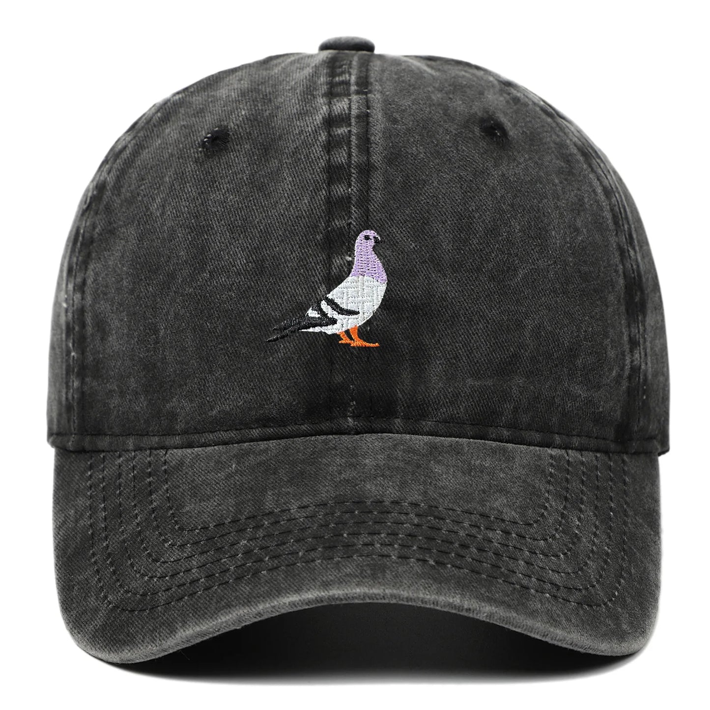 Washed cotton baseball cap with embroidered pigeon motif, adjustable unisex fit, vintage casual style