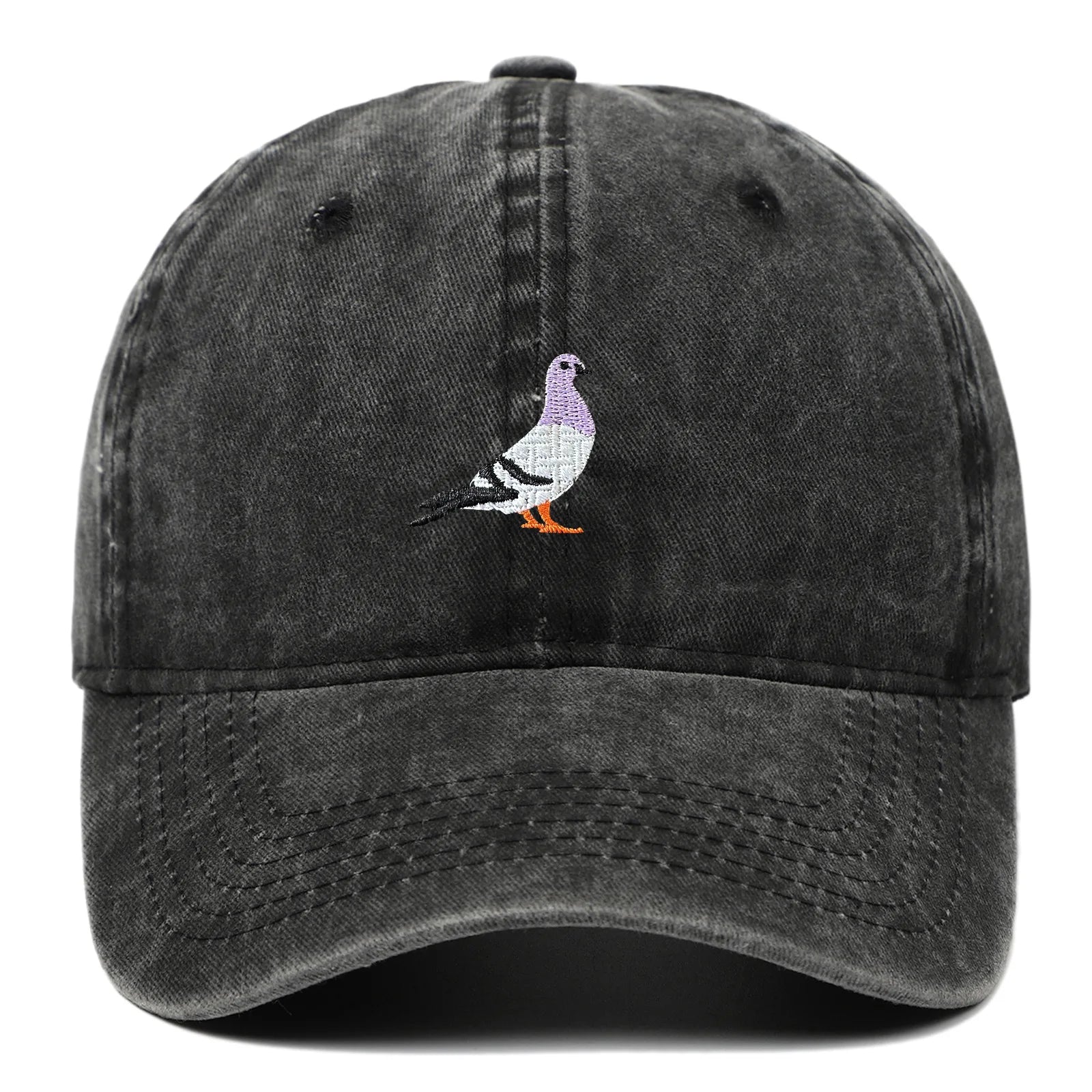 Washed cotton baseball cap with embroidered pigeon motif, adjustable unisex fit, vintage casual style