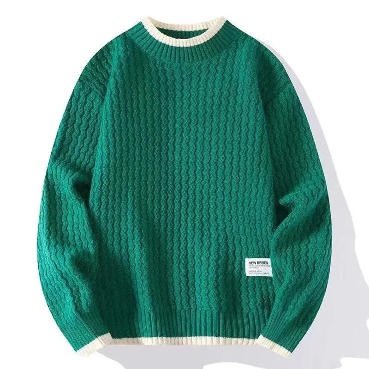 Men's black textured knit sweater with white contrast trim on collar, cuffs, and hem