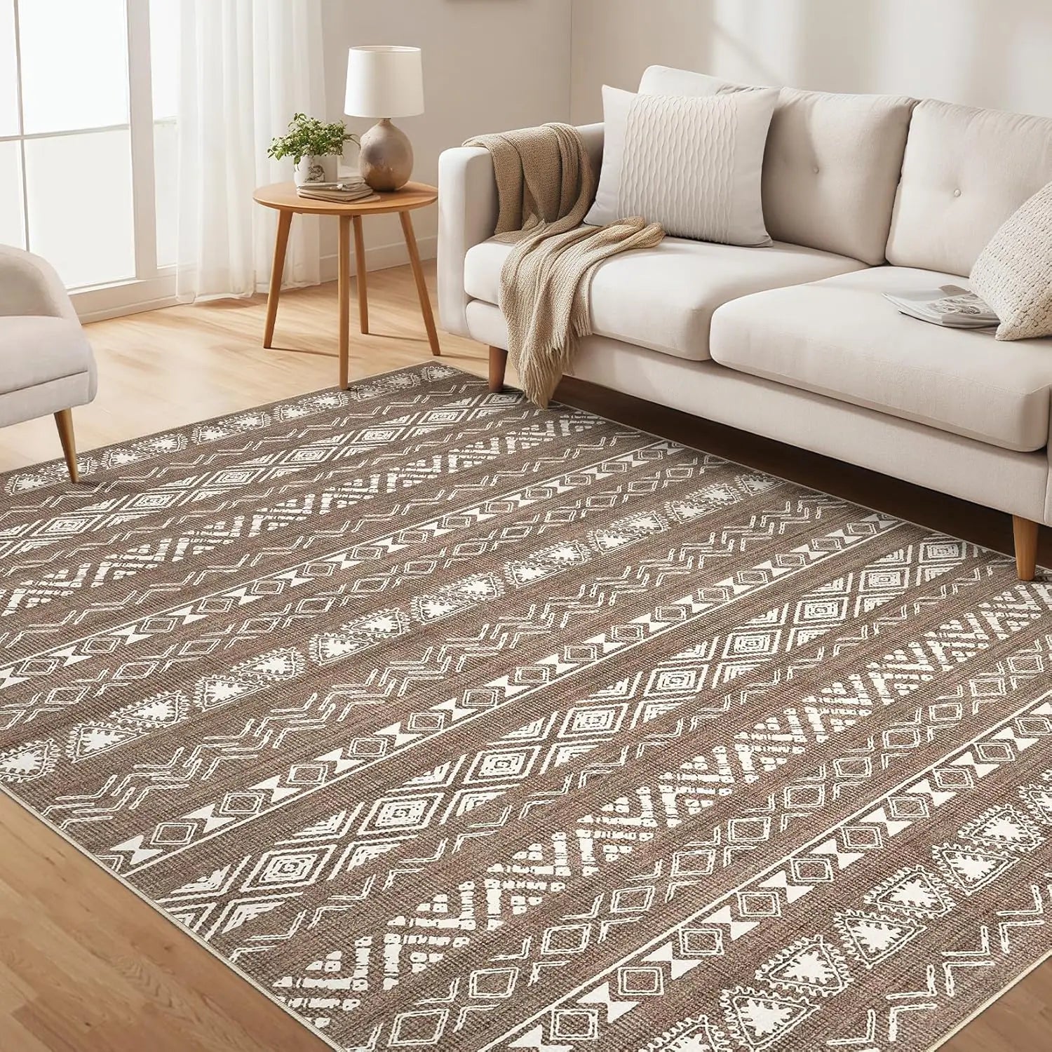 Washable Moroccan geometric boho farmhouse indoor rug with no-slip backing for bedrooms and dining areas