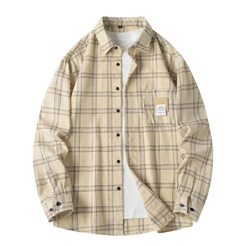 Men's oversized plaid flannel shirt in classic fall tones, soft cotton blend with stretch