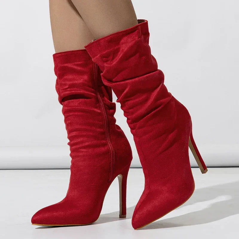 Black velvet stiletto boot with slouchy shaft and pointed toe, chic evening heel for women