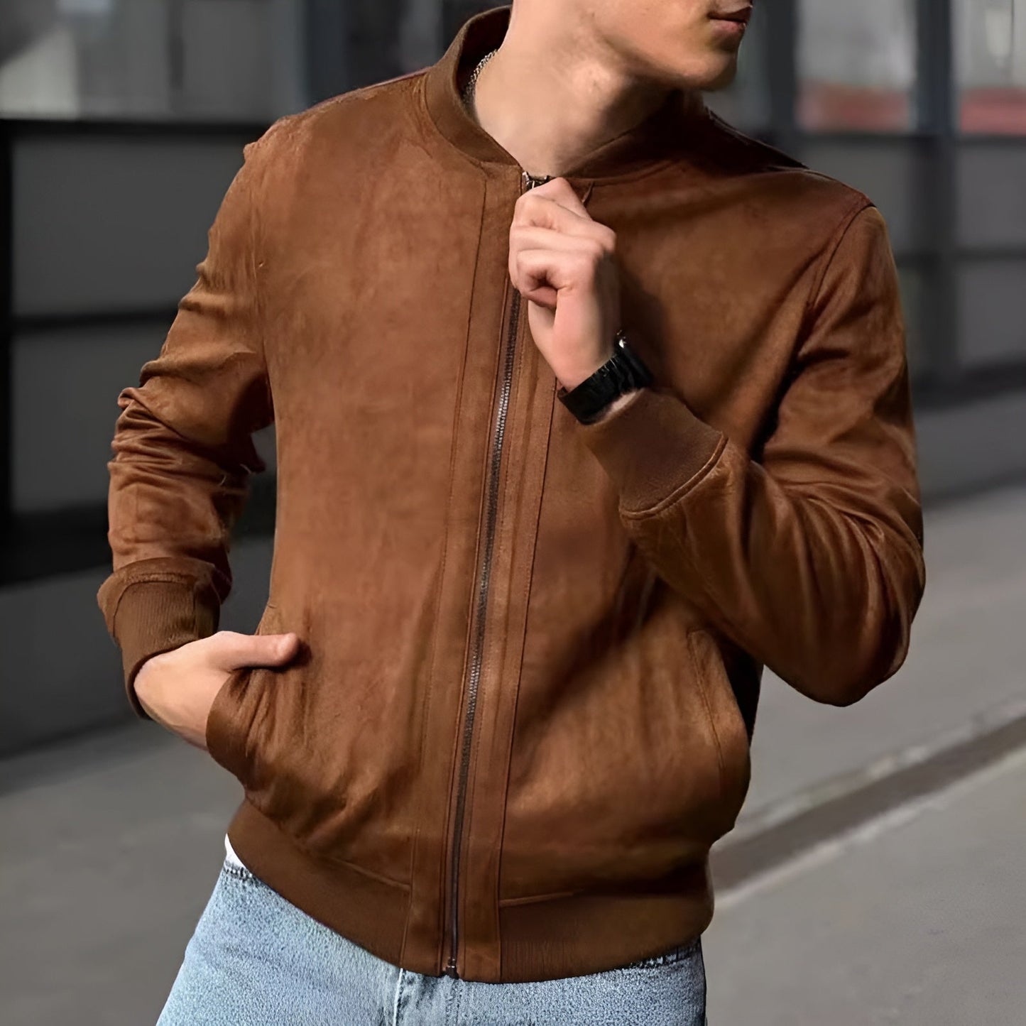Men's slim fit suede bomber jacket in rich textured finish, tailored silhouette for versatile classic style