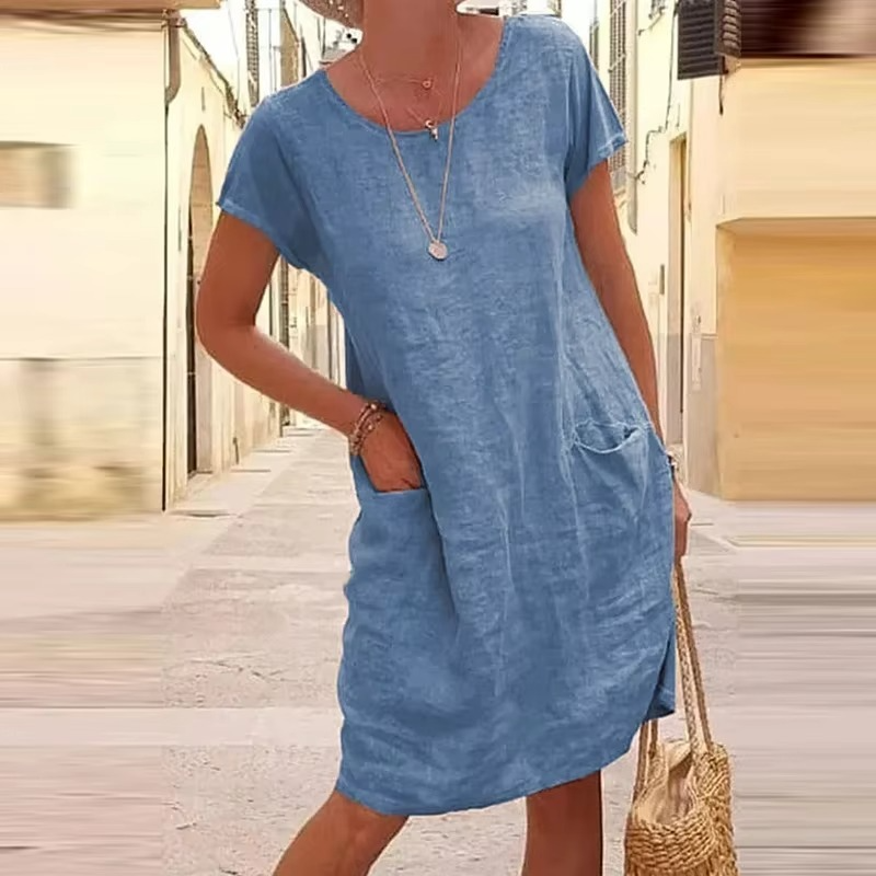 Women's relaxed fit solid color pocket dress, breathable summer style with loose short-sleeve silhouette