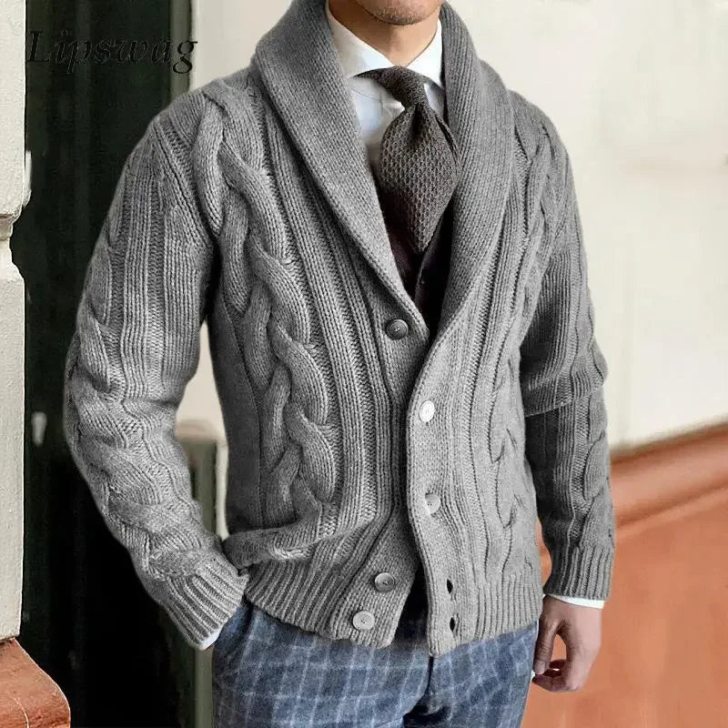 Men's dark wool cardigan tailored fit full button closure rich soft knit premium layering