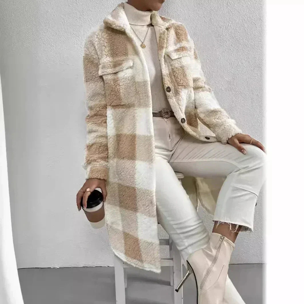 Women's longline plaid trench coat with faux fur trim, open lapel, cozy warm relaxed fit