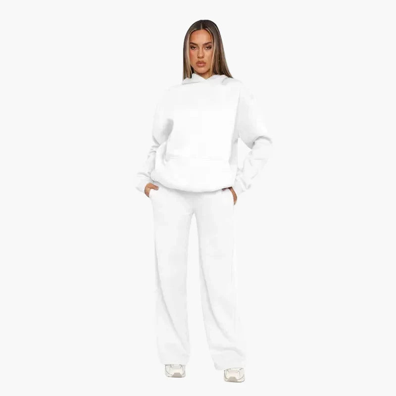 Women's cozy loungewear set with relaxed hoodie kangaroo pocket and wide leg pants casual fit