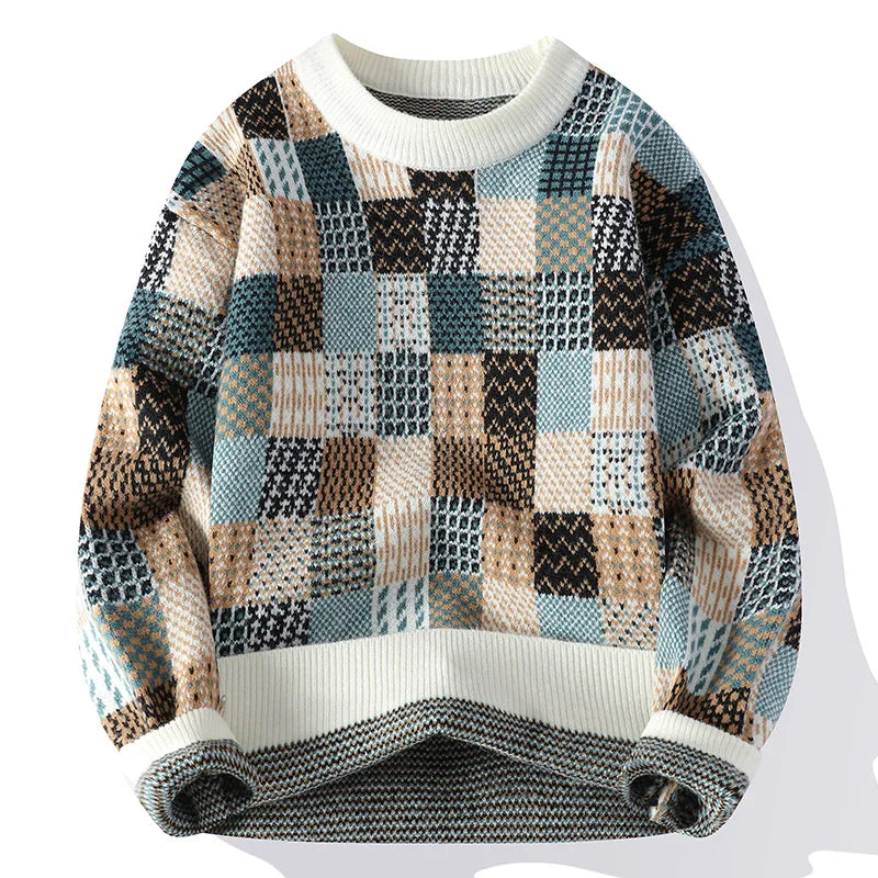 Women's patchwork knit sweater crew neck vintage multi-texture colorblock cozy pullover