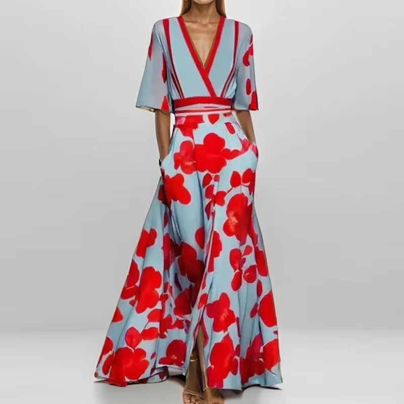 Women's ankle-length printed pleated dress with V-neck, elegant flowy silhouette for day-to-night wear