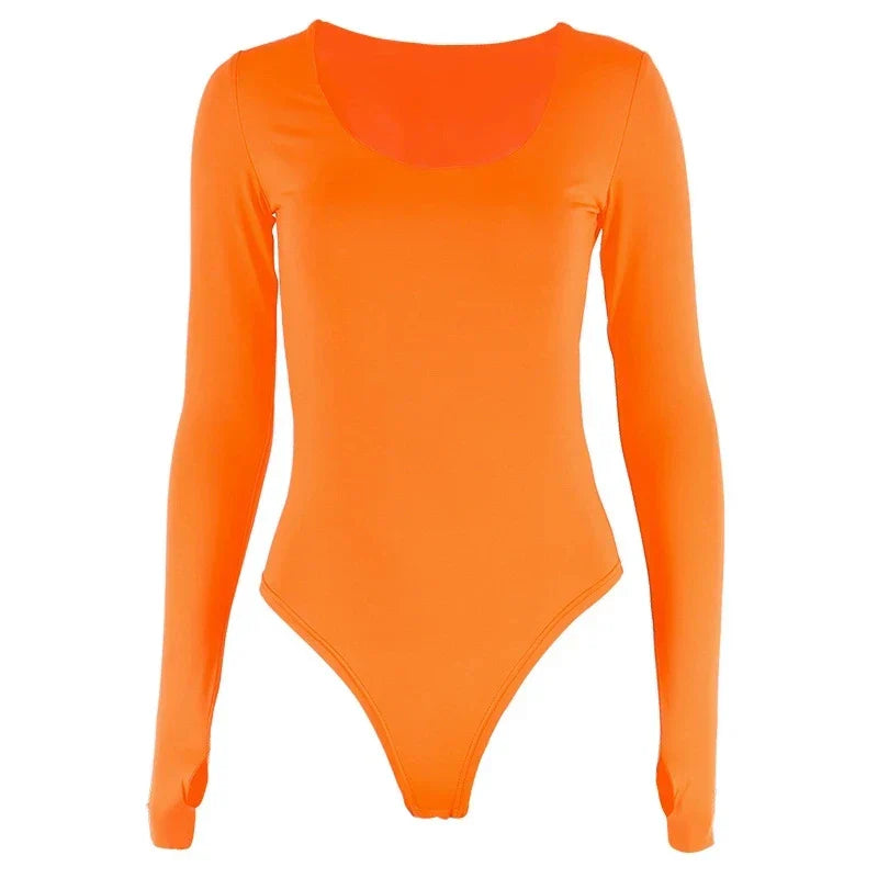 Neon orange tight-fit bodysuit with curve-hugging silhouette, bold fluorescent color for festivals