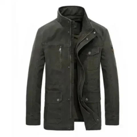 Men's olive green outdoor jacket with stand-up collar, mid-length fit, and multiple utility pockets