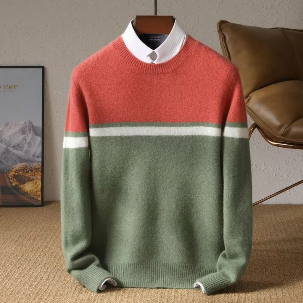 Men's merino wool sweater with contrast color-block panel, casual crewneck style for warmth