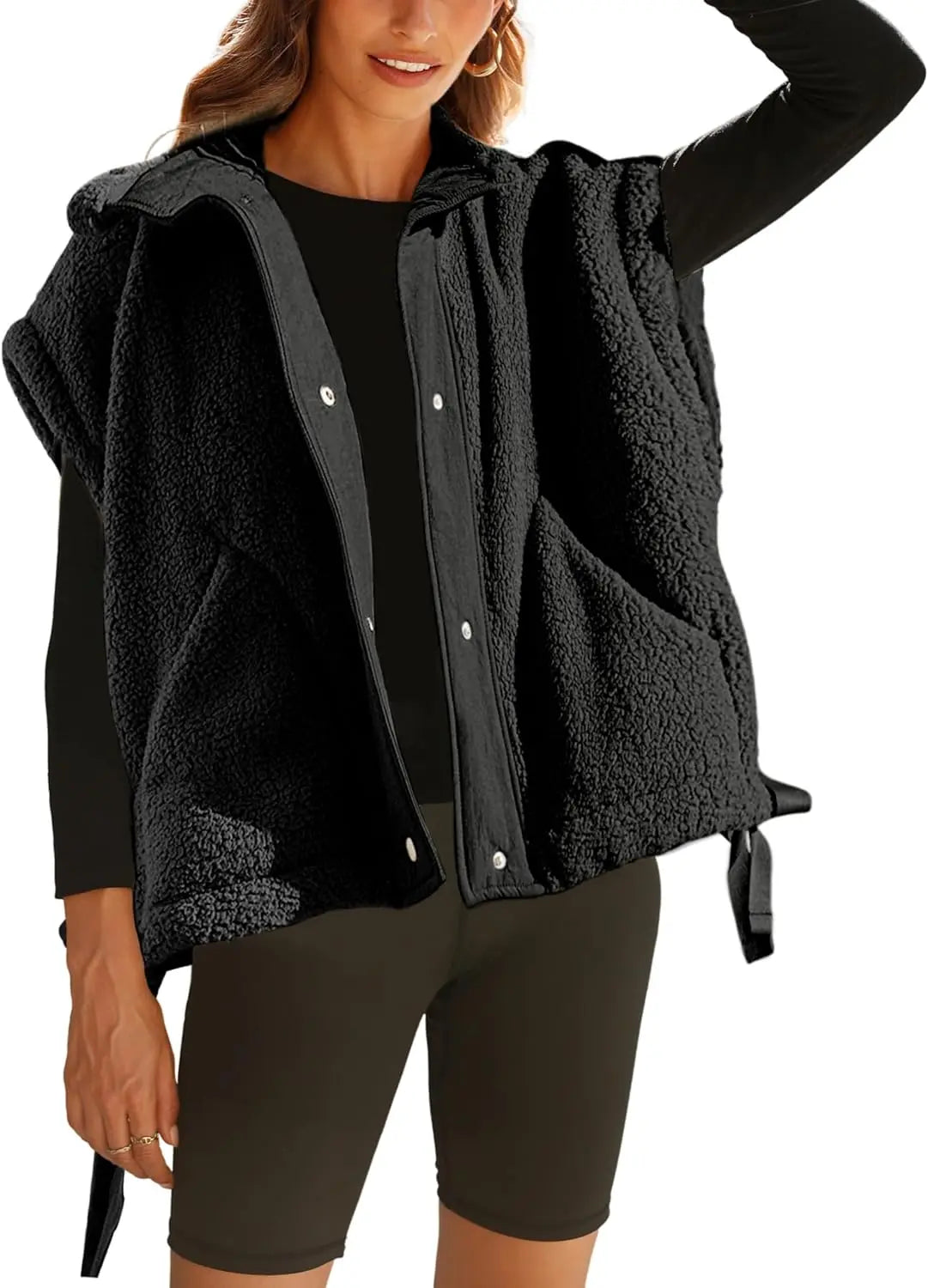 Women's sleeveless sherpa fleece jacket warm faux fleece snap closure roomy armholes cozy layering