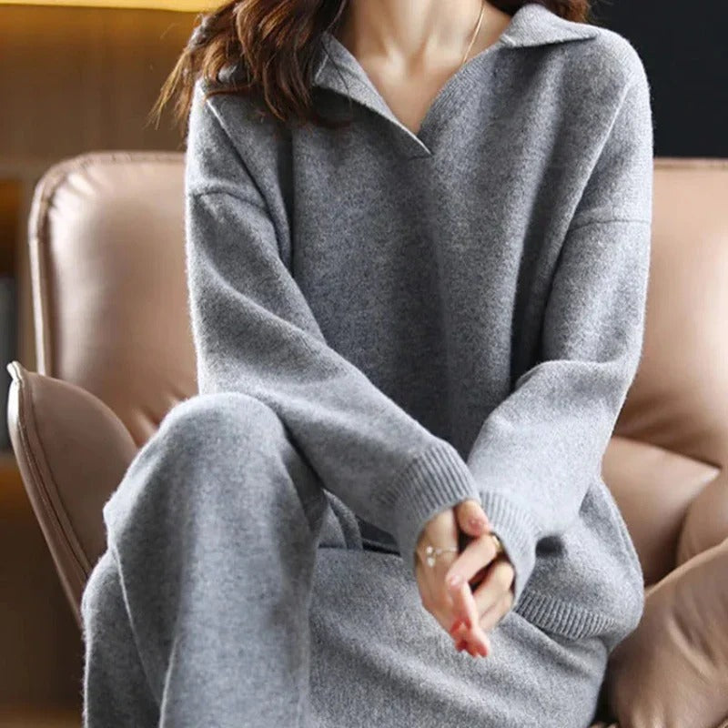 Bella women's soft knit two-piece lounge set with elegant collar, relaxed fit, everyday comfort