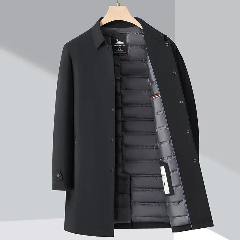 Men's long insulated winter coat structured silhouette full-length coverage cold-weather protection