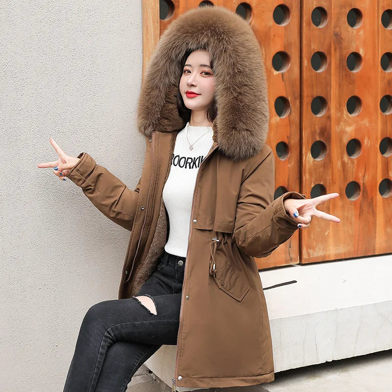 Women's winter jacket with detachable fur collar hood, lined outerwear for cold weather refined style