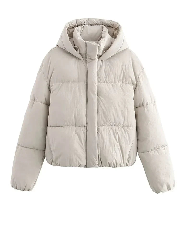 Women's cropped puffer jacket with hood, lightweight winter style in a contemporary silhouette