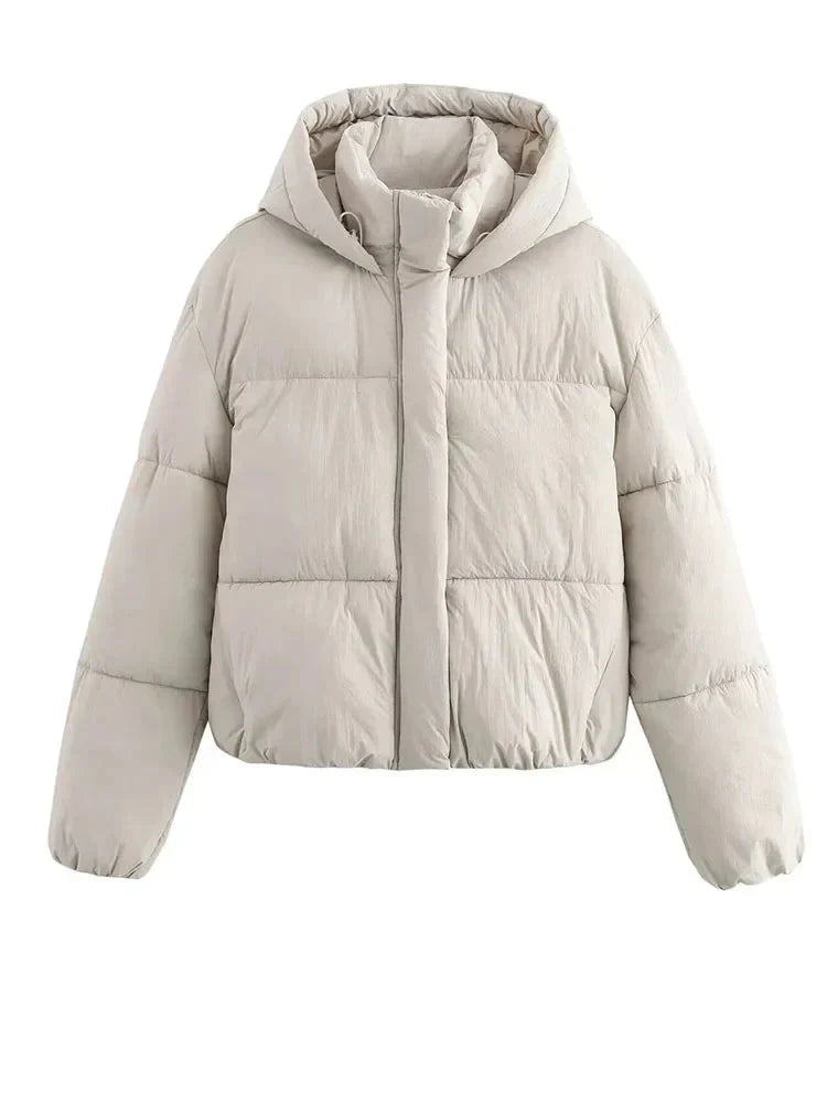 Women's quilted cropped puffer jacket with integrated hood, cozy casual warmth everyday style