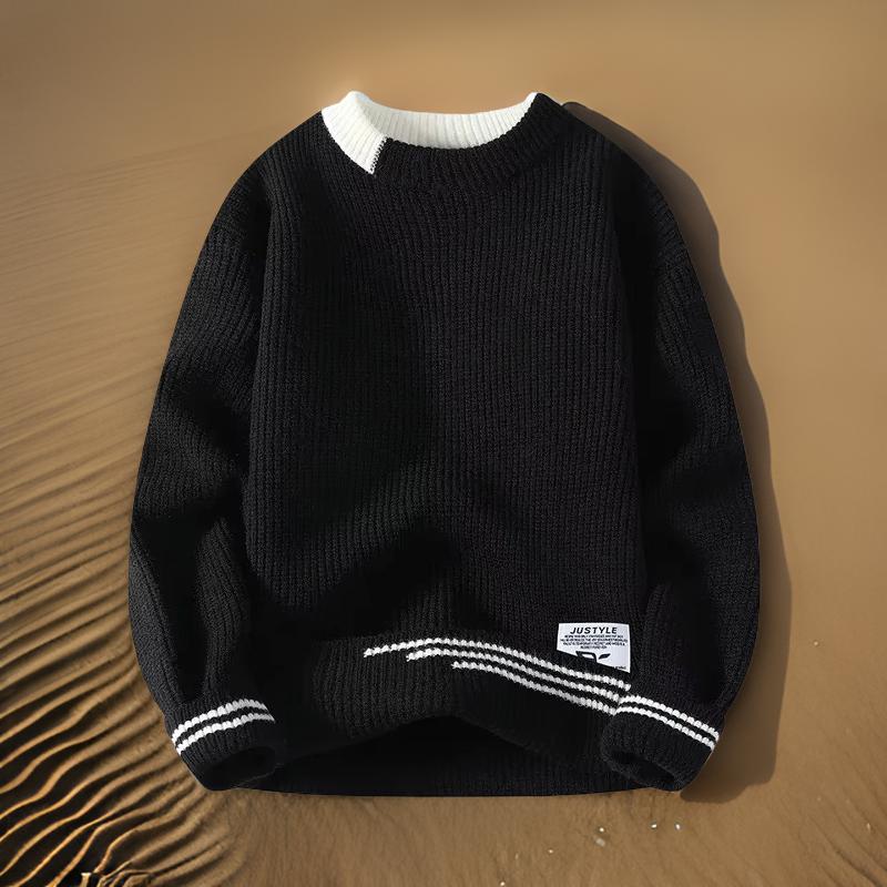 Men's ribbed knit pullover sweater with contrast split crewneck collar for structured everyday style