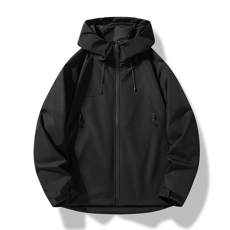 Men's slim-fit waterproof ski jacket with hood, windproof navy blue design for outdoor protection