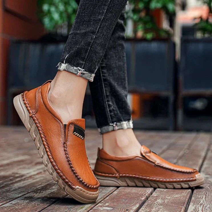 Brown leather moccasins outdoor style custom fit with natural patina aging rugged sole