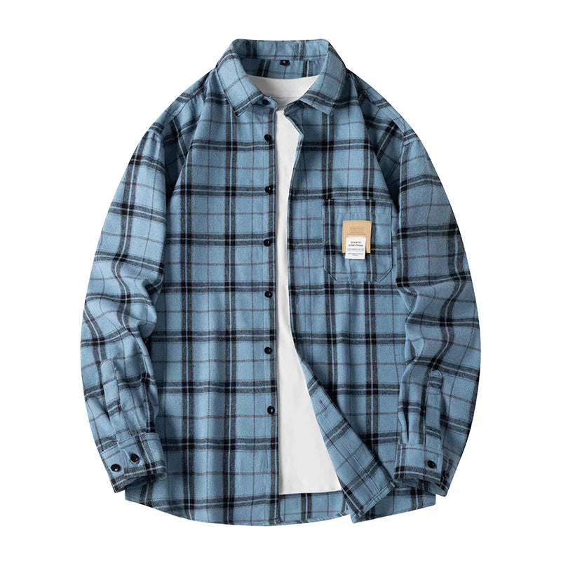 Men's oversized plaid flannel shirt in classic fall tones, soft stretch cotton blend rugged fit