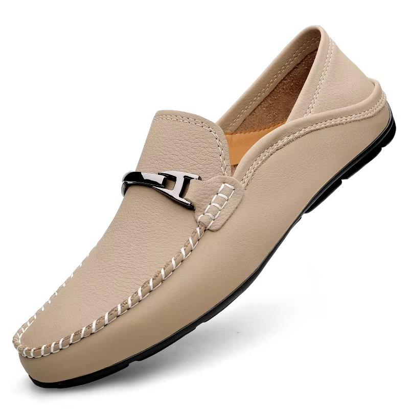 Men's genuine leather loafers with metal buckle, soft sole business casual driving shoes