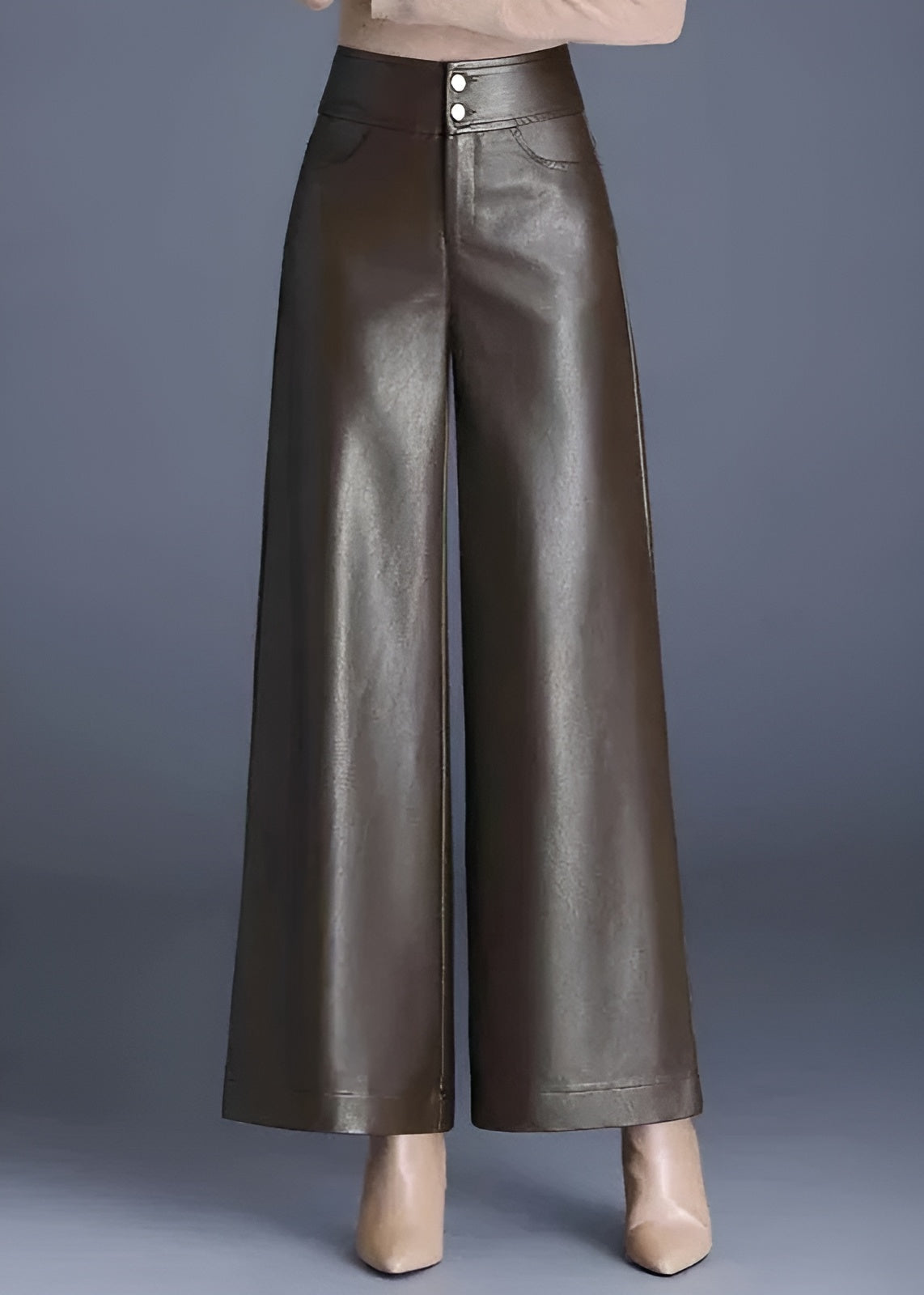 Black high-rise flared vegan leather pants with glossy finish and wide-leg silhouette