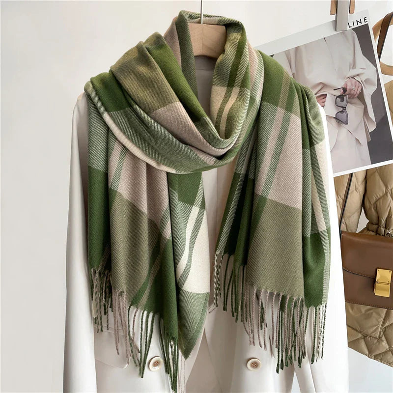 Women's oversized wool-blend scarf in classic check pattern with elegant fringed edges for fall
