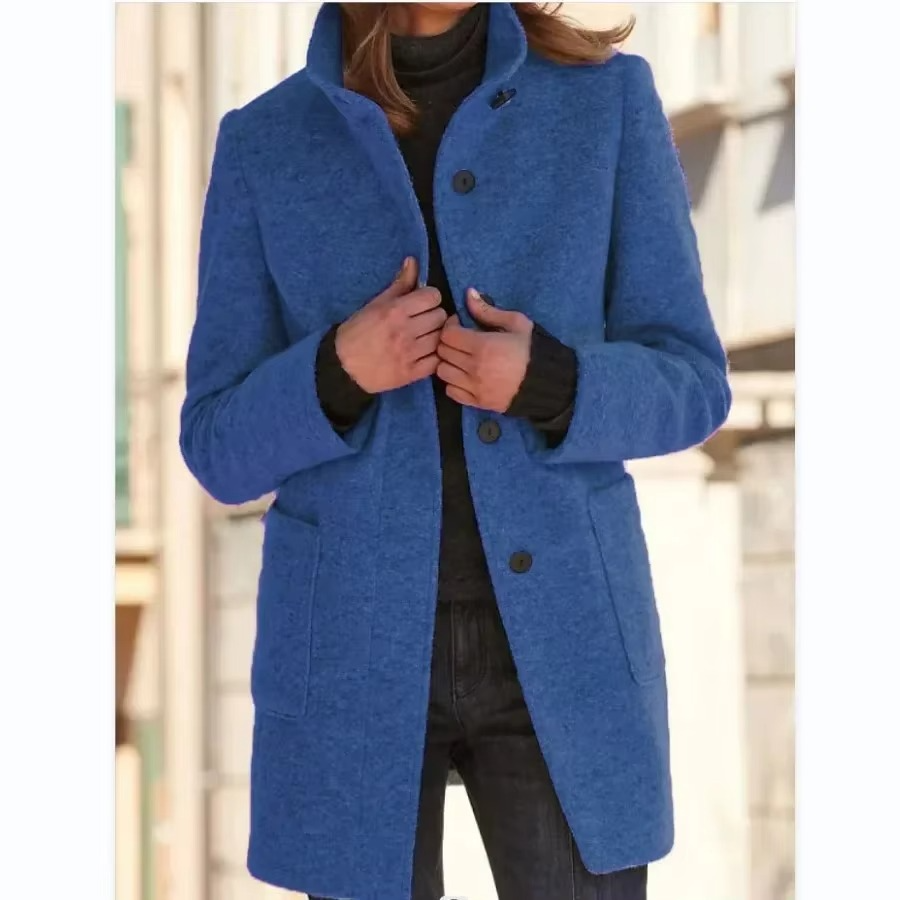 Black women's cotton coat stand collar casual long sleeve with button pockets effortless spring style