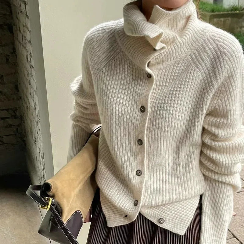 Women's cozy knit cardigan high neck loose fit cashmere-like wool in neutral layering essential