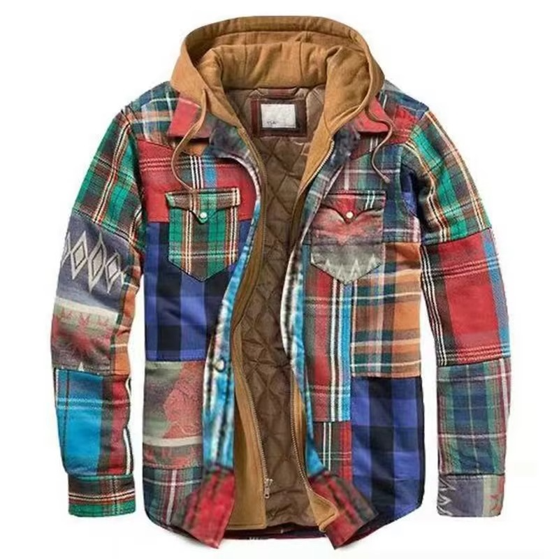Men's patchwork checkered hooded jacket thick cotton coat with American flag design