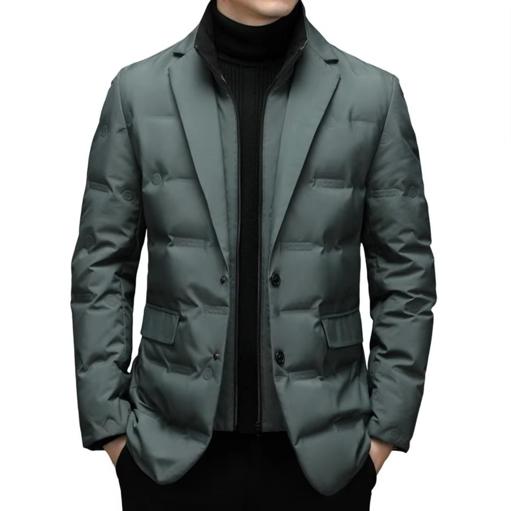 Men's navy quilted suit coat high stand collar zip-front slim fit urban professional winter outerwear