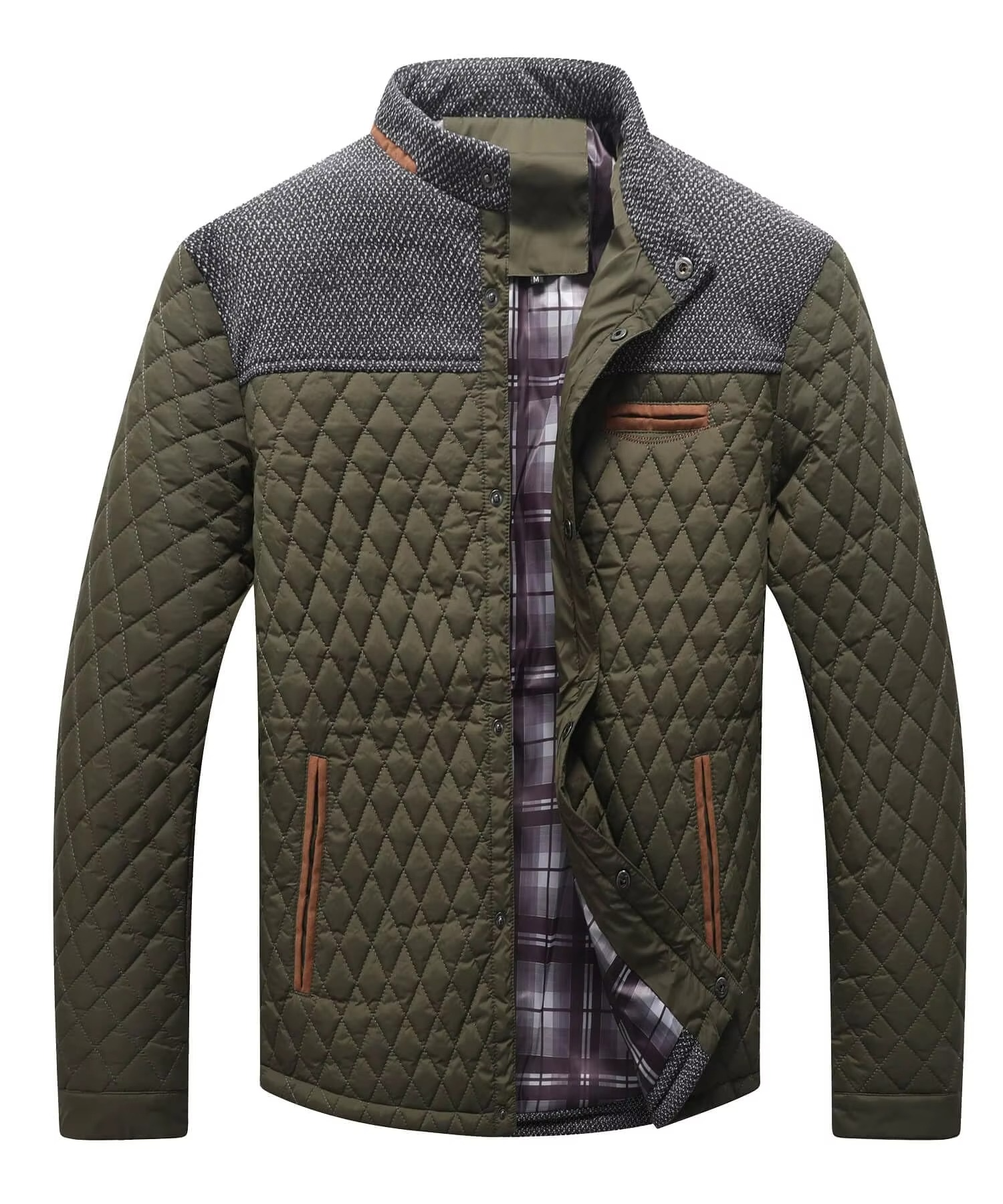 Men's navy diamond quilted lightweight bomber jacket with contrast grey yoke and functional pockets