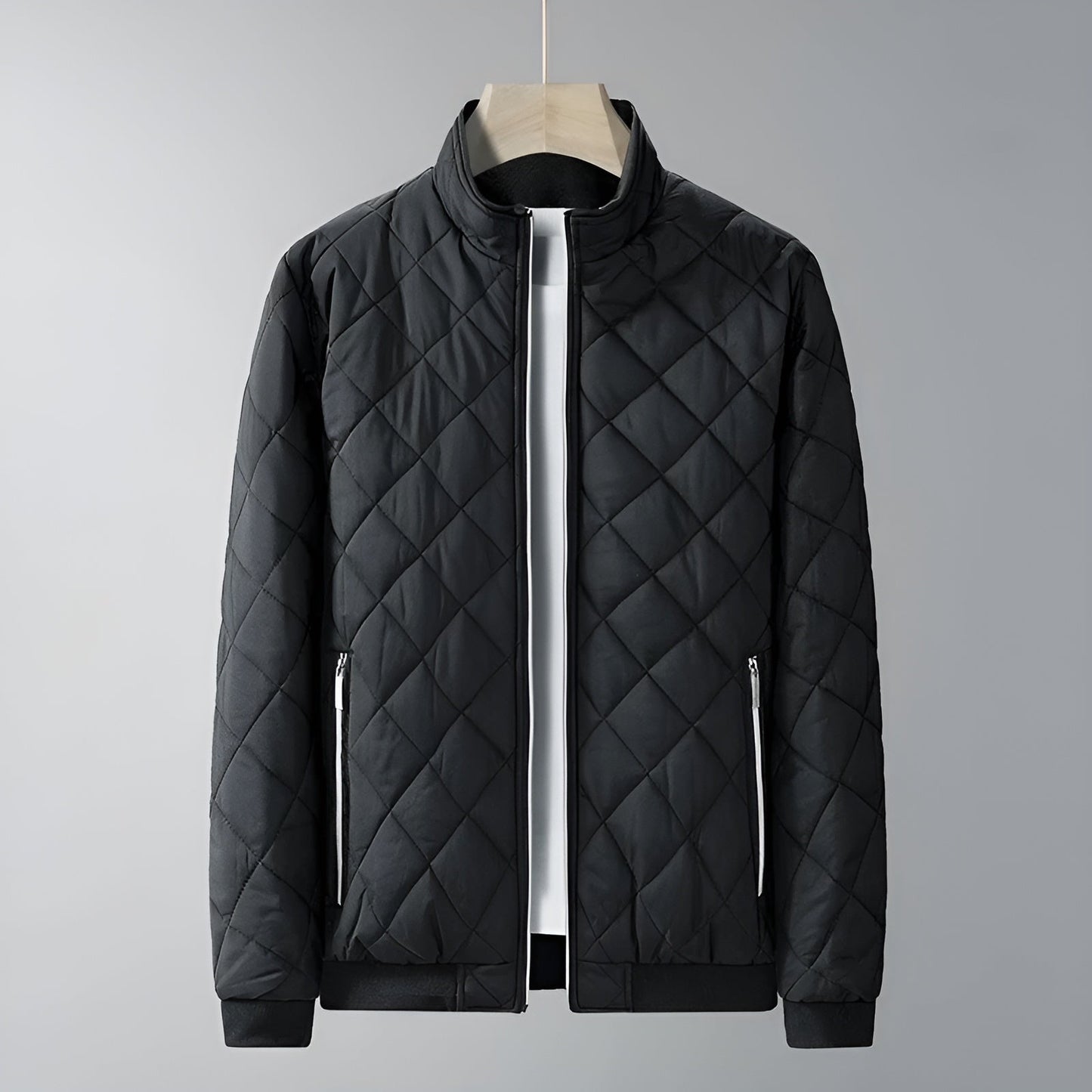 Unisex quilted thermal jacket lightweight fleece-lined diamond pattern high stub collar tailored fit